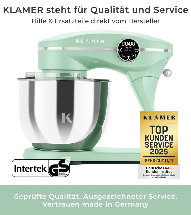 KLAMER KLAMER Küchenmaschine 1800W, Knetmaschine Brotteig mit Edelstahl-Rührschüssel 6 L, 10 Stufen mit Timer, Planetenrührwerk, Rührbesen, Knethaken, Schneebesen & Sichtdeckel (mint) Premium Mint – Bild 2