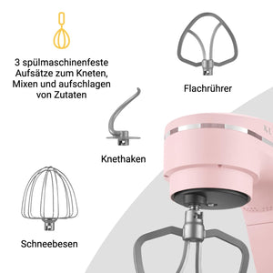 KLAMER KLAMER Küchenmaschine 1800W, Knetmaschine Brotteig mit Edelstahl-Rührschüssel 6 L, 10 Stufen mit Timer, Planetenrührwerk, Rührbesen, Knethaken, Schneebesen & Sichtdeckel (pink) Premium Pink – Bild 5