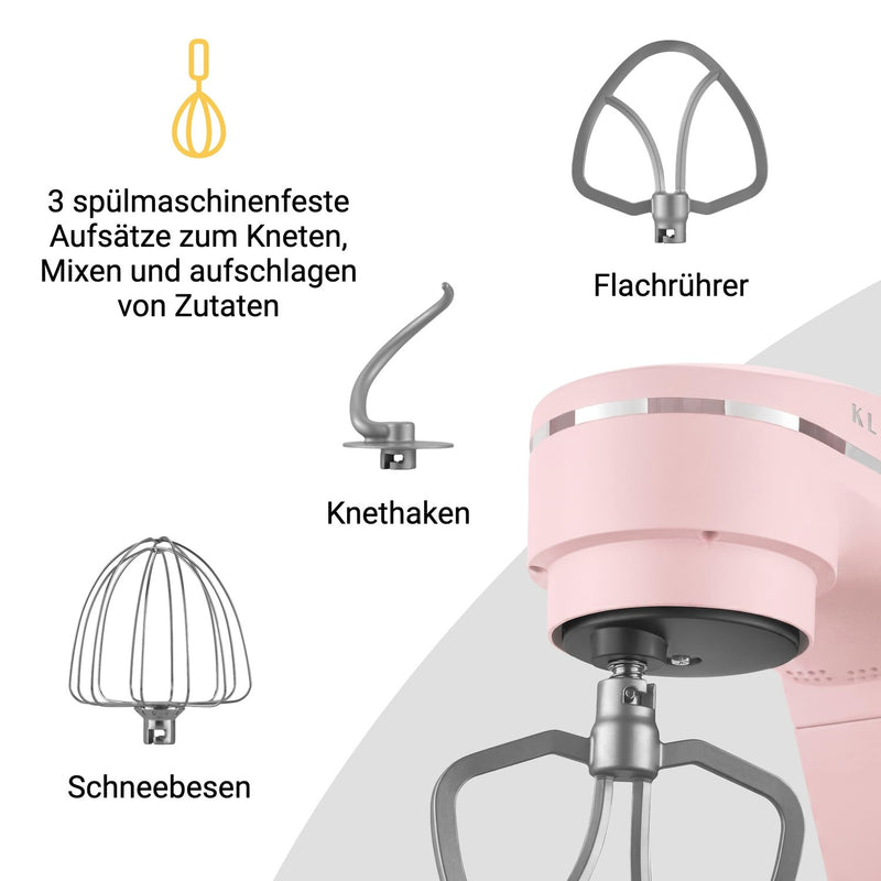 KLAMER KLAMER Küchenmaschine 1800W, Knetmaschine Brotteig mit Edelstahl-Rührschüssel 6 L, 10 Stufen mit Timer, Planetenrührwerk, Rührbesen, Knethaken, Schneebesen & Sichtdeckel (pink) Premium Pink – Bild 5