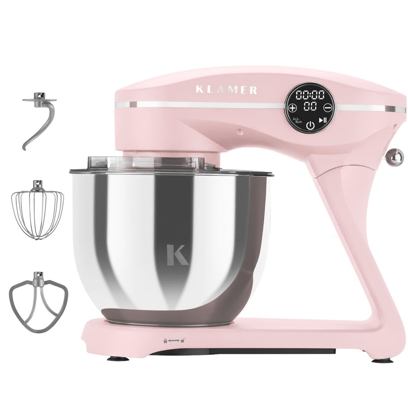 KLAMER KLAMER Küchenmaschine 1800W, Knetmaschine Brotteig mit Edelstahl-Rührschüssel 6 L, 10 Stufen mit Timer, Planetenrührwerk, Rührbesen, Knethaken, Schneebesen & Sichtdeckel (pink) Premium Pink – Bild 1