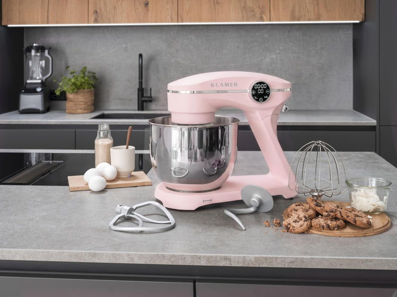 KLAMER KLAMER Küchenmaschine 1800W, Knetmaschine Brotteig mit Edelstahl-Rührschüssel 6 L, 10 Stufen mit Timer, Planetenrührwerk, Rührbesen, Knethaken, Schneebesen & Sichtdeckel (pink) Premium Pink – Bild 3