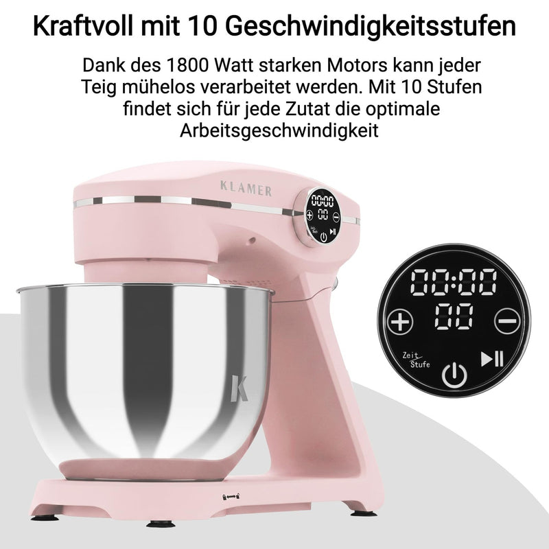 KLAMER KLAMER Küchenmaschine 1800W, Knetmaschine Brotteig mit Edelstahl-Rührschüssel 6 L, 10 Stufen mit Timer, Planetenrührwerk, Rührbesen, Knethaken, Schneebesen & Sichtdeckel (pink) Premium Pink – Bild 6