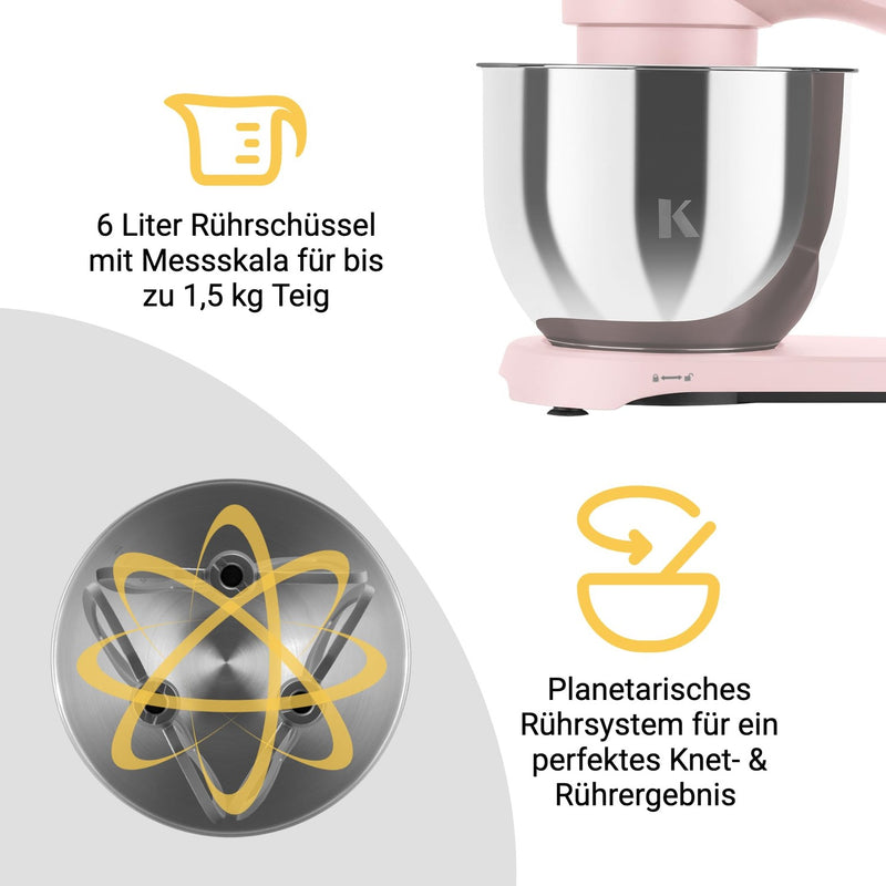 KLAMER KLAMER Küchenmaschine 1800W, Knetmaschine Brotteig mit Edelstahl-Rührschüssel 6 L, 10 Stufen mit Timer, Planetenrührwerk, Rührbesen, Knethaken, Schneebesen & Sichtdeckel (pink) Premium Pink – Bild 7