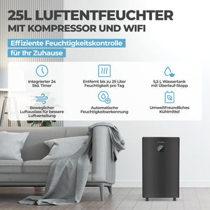 KLAMER KLAMER Luftentfeuchter elektrisch 25L in 24h mit 5,5L Tank – Leiser, energieeffizienter Raumentfeuchter mit Smart Sensor, Timer & Wäschemodus – Gegen Schimmel, Feuchtigkeit & Kondenswasser 25 L/Tag – Bild 2