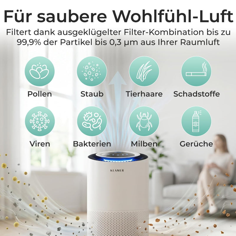 KLAMER KLAMER Luftreiniger 600i mit HEPA Filter, CADR Spitzenleistung von 450 m³/h, für Räume bis 55m², entfernt bis zu 99,9% Pollen, Staub, Viren und Allergene, 3 Modi inkl. Automatikmodus Weiß – Bild 4