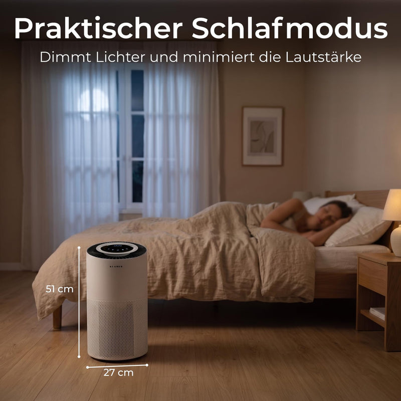 KLAMER KLAMER Luftreiniger 600i mit HEPA Filter, CADR Spitzenleistung von 450 m³/h, für Räume bis 55m², entfernt bis zu 99,9% Pollen, Staub, Viren und Allergene, 3 Modi inkl. Automatikmodus Weiß – Bild 7