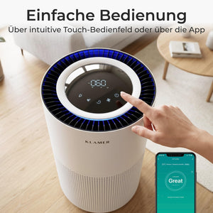 KLAMER KLAMER Luftreiniger 600i mit HEPA Filter, CADR Spitzenleistung von 450 m³/h, für Räume bis 55m², entfernt bis zu 99,9% Pollen, Staub, Viren und Allergene, 3 Modi inkl. Automatikmodus Weiß – Bild 8