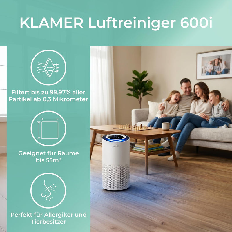 KLAMER KLAMER Luftreiniger 600i mit HEPA Filter, CADR Spitzenleistung von 450 m³/h, für Räume bis 55m², entfernt bis zu 99,9% Pollen, Staub, Viren und Allergene, 3 Modi inkl. Automatikmodus Weiß – Bild 2