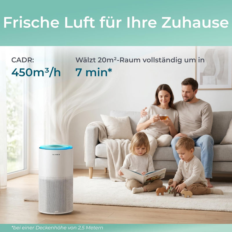 KLAMER KLAMER Luftreiniger 600i mit HEPA Filter, CADR Spitzenleistung von 450 m³/h, für Räume bis 55m², entfernt bis zu 99,9% Pollen, Staub, Viren und Allergene, 3 Modi inkl. Automatikmodus Weiß – Bild 3