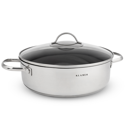 Servierpfanne 28cm aus Edelstahl mit Glasdeckel und praktischen Edelstahlgriffen für optimale Kontrolle.