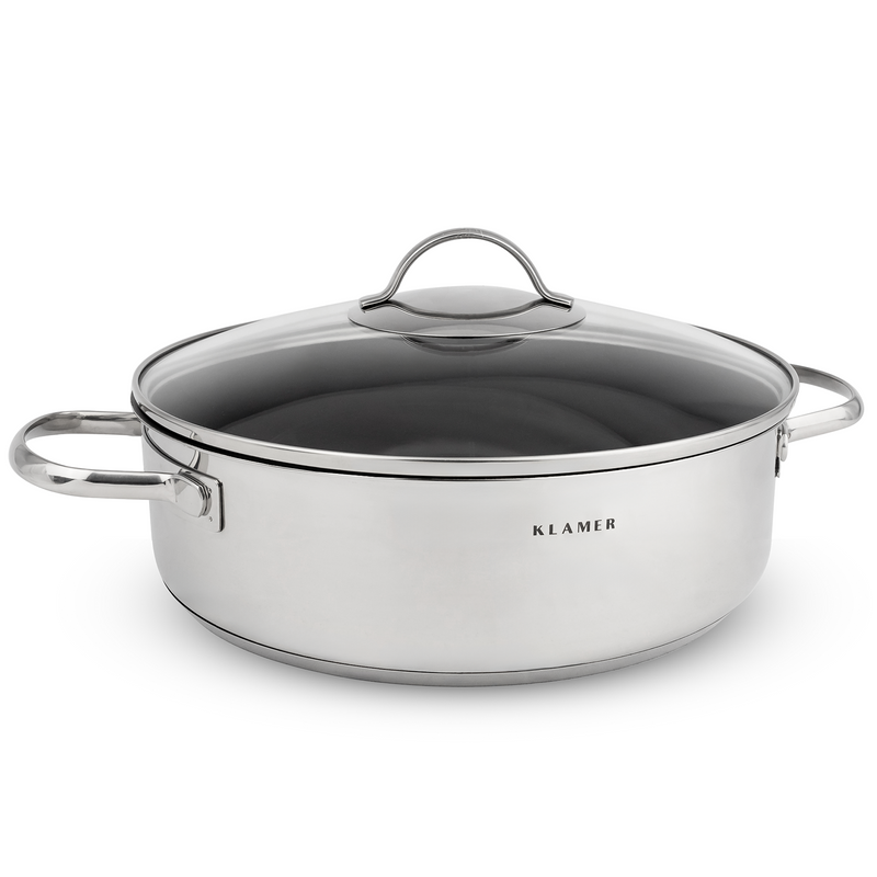 Servierpfanne 28cm aus Edelstahl mit Glasdeckel und praktischen Edelstahlgriffen für optimale Kontrolle.