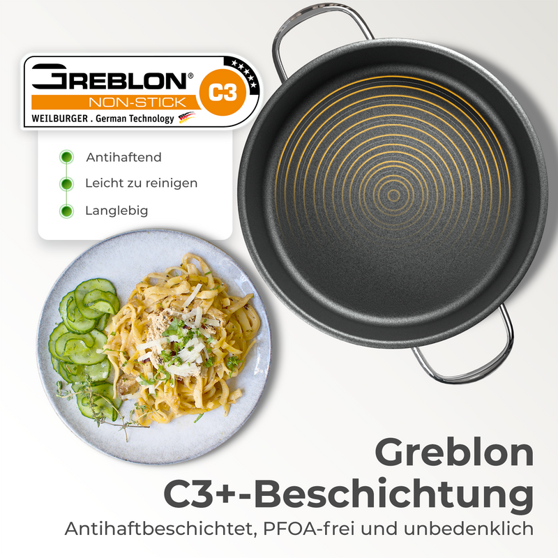 Servierpfanne 28cm mit Greblon C3+ Beschichtung, ideal zum Kochen und Braten, antihaftend und langlebig.