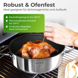 Servierpfanne 28cm mit robustem Design, ideal für Schmorrgerichte und Aufläufe, Backofengeeignet bis 250°C.