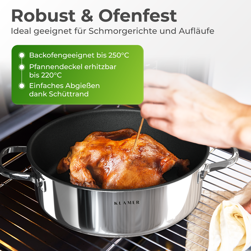 Servierpfanne 28cm mit robustem Design, ideal für Schmorrgerichte und Aufläufe, Backofengeeignet bis 250°C.