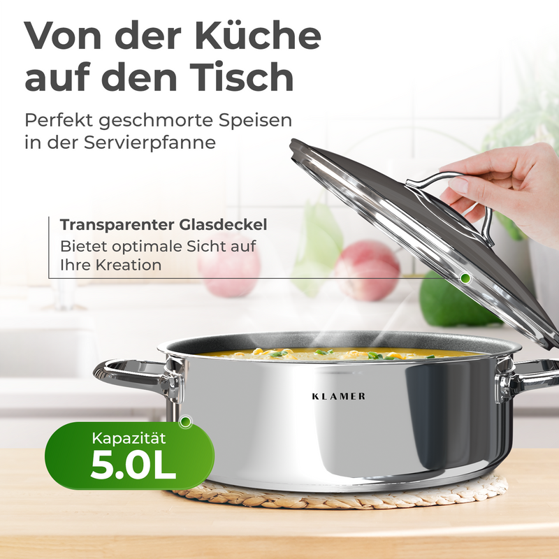 Servierpfanne 28cm mit transparentem Glasdeckel und 5,0L Kapazität für perfekt geschmorte Speisen