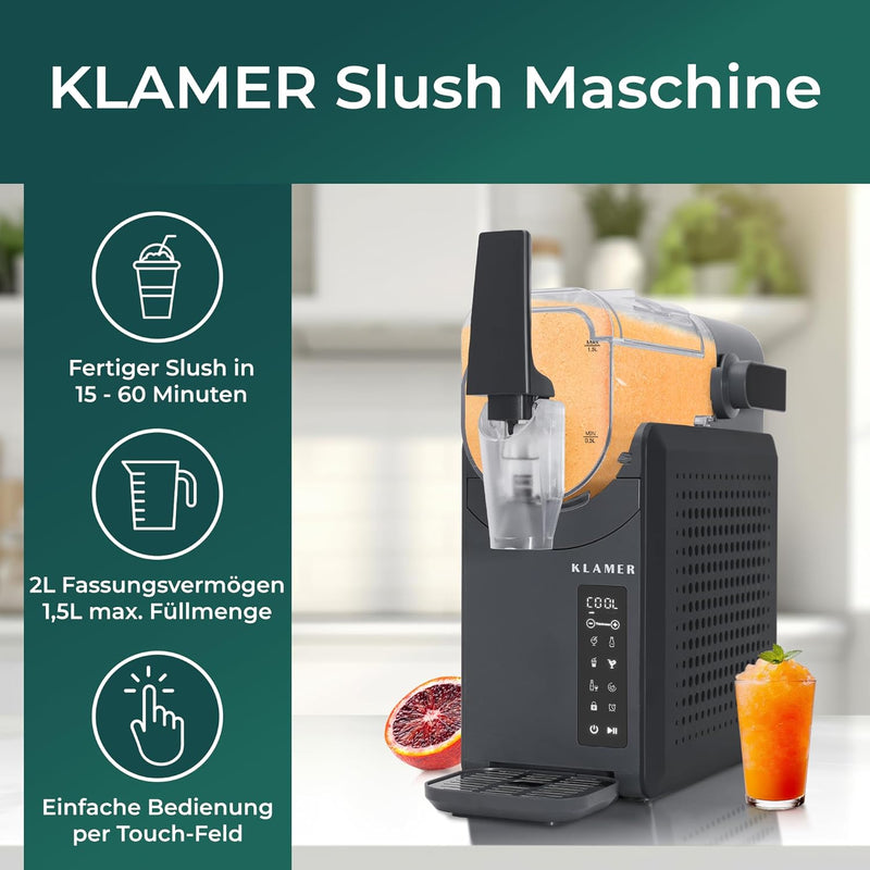 KLAMER Slush Maschine für leckeren Slush in 15-60 Minuten, 2L Fassungsvermögen und einfache Bedienung.
