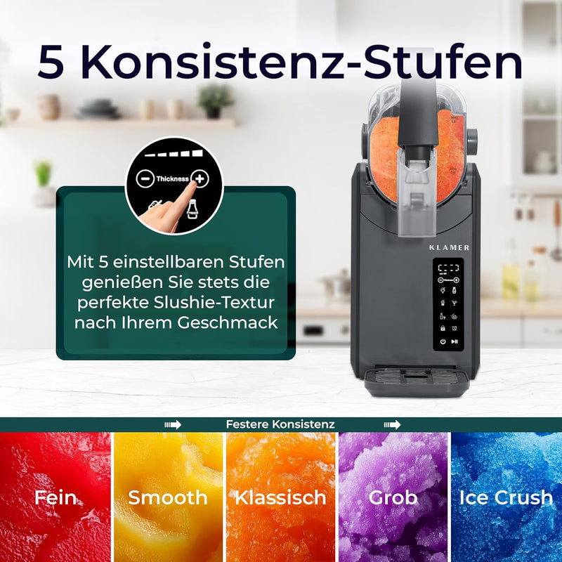 Slush Maschine mit 5 einstellbaren Konsistenz-Stufen für perfekte Slushie-Textur nach Geschmack.