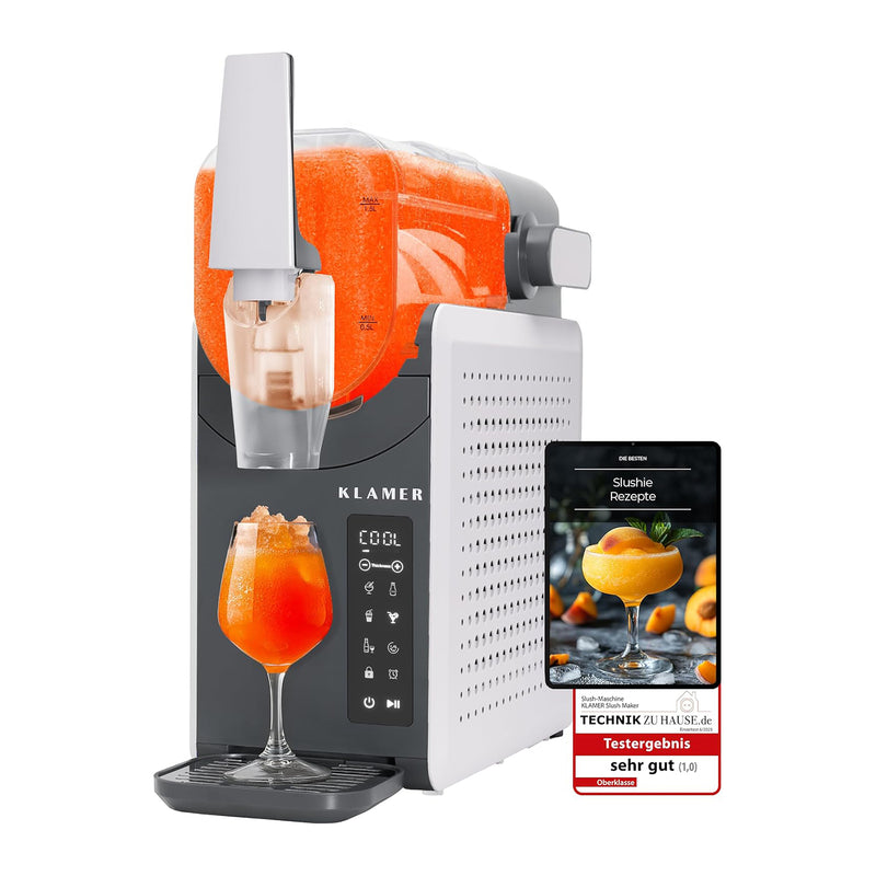 Slush Maschine mit orangefarbenem Slush und Smartphone zur Rezeptanzeige, ideal für erfrischende Getränke.