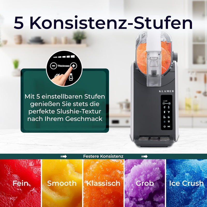 Slush Maschine mit 5 einstellbaren Konsistenz-Stufen für perfekte Slushie-Texturen nach Geschmack.