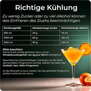 Information on correct cooling and sugar/alcohol levels for Slush Maschine usage.