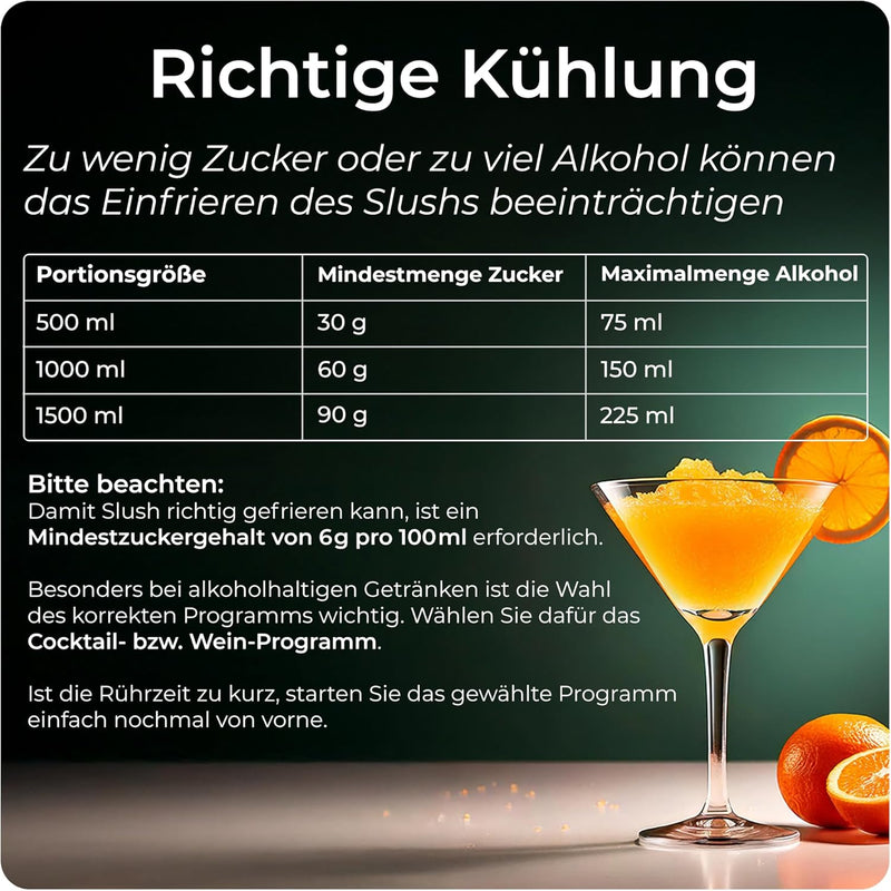 Information on correct cooling and sugar/alcohol levels for Slush Maschine usage.
