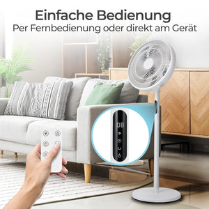 Einfache Bedienung des Stand-Ventilators mit Fernbedienung und Steuerung am Gerät.