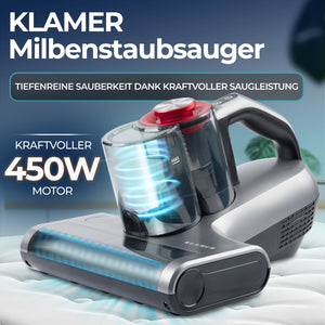 KLAMER Milbenstaubsauger mit 450W Motor für effektive Textilreinigung und allergenfreie Oberflächen.