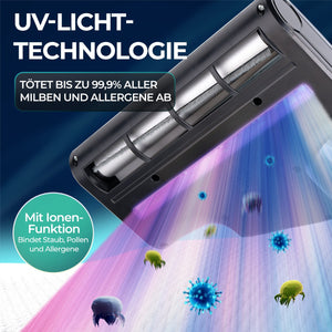 UV-Licht-Technologie des Milbenstaubsaugers tötet bis zu 99,9% aller Milben und Allergene ab.