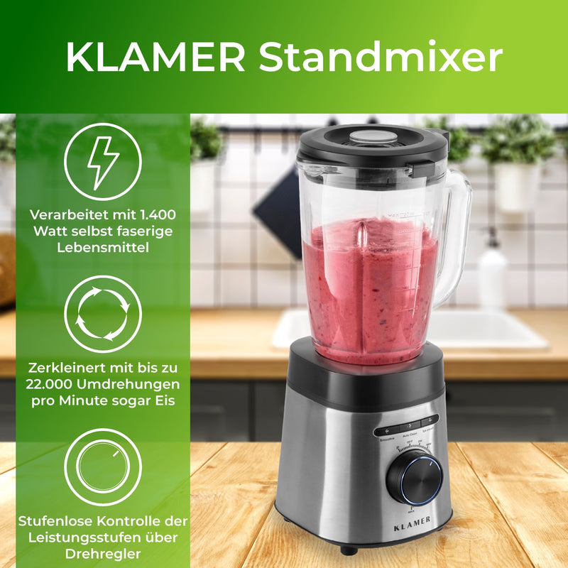 Standmixer 1400 Watt mit Leistungsstufen und 6 Klingen für Smoothies, Suppen und mehr.