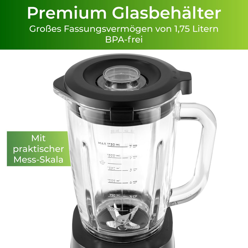 Standmixer 1400 Watt mit Premium Glasbehälter, 1,75 Liter, BPA-frei und praktischer Mess-Skala.