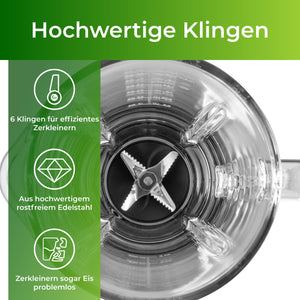 Standmixer 1400 Watt mit hochwertigen Klingen für effizientes Zerkleinern und Eisverarbeitung.