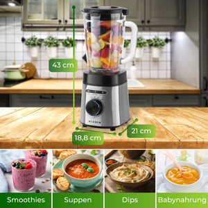Standmixer 1400 Watt with fruits for smoothies, soups, and baby food in a modern kitchen setting.
