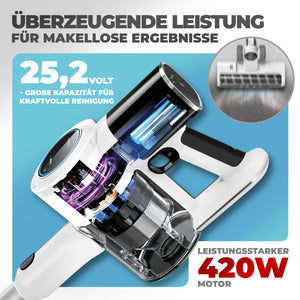 Detailaufnahme des Akkustaubsaugers 420 Weiß mit 25,2 Volt und 420W Motor für effektive Reinigung.