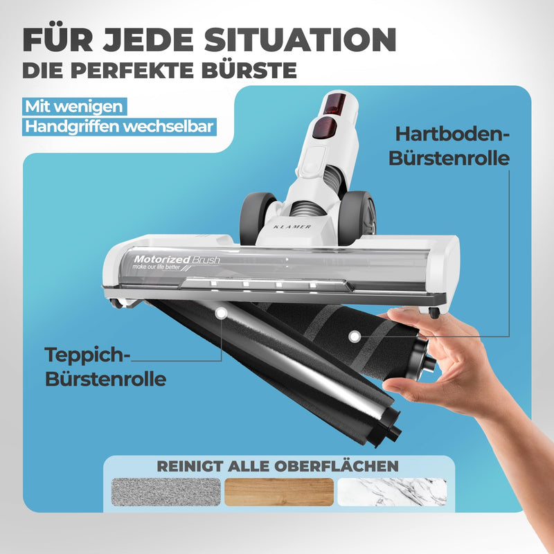 Akkustaubsauger 420 Weiß mit Motorisierte Bürste für Hart- und Teppichboden, Handhabung für alle Oberflächen.