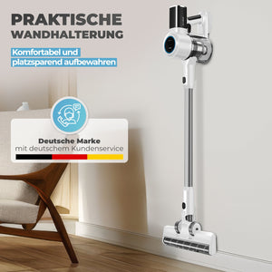 Akkustaubsauger 420 Weiß an der Wandhalterung, komfortabel und platzsparend aufbewahrt.