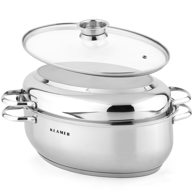 Edelstahl-Bräter von KLAMER mit Glasdeckel, perfekt für alle Herdarten, Größe 38x27x12,5 cm, 8,5 L Volumen.