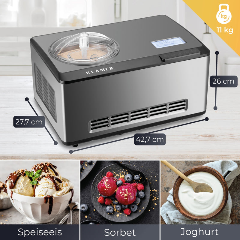 2-in-1 Eismaschine 2L mit verschiedenen Eisvariationen: Speiseeis, Sorbet und Joghurt.