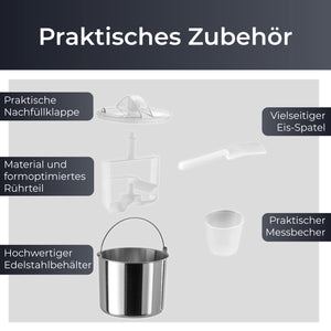 2-in-1 Eismaschine 2L Zubehör: Nachfüllklappe, Eis-Spatel, Rührteil, Edelstahlbehälter, Messbecher.