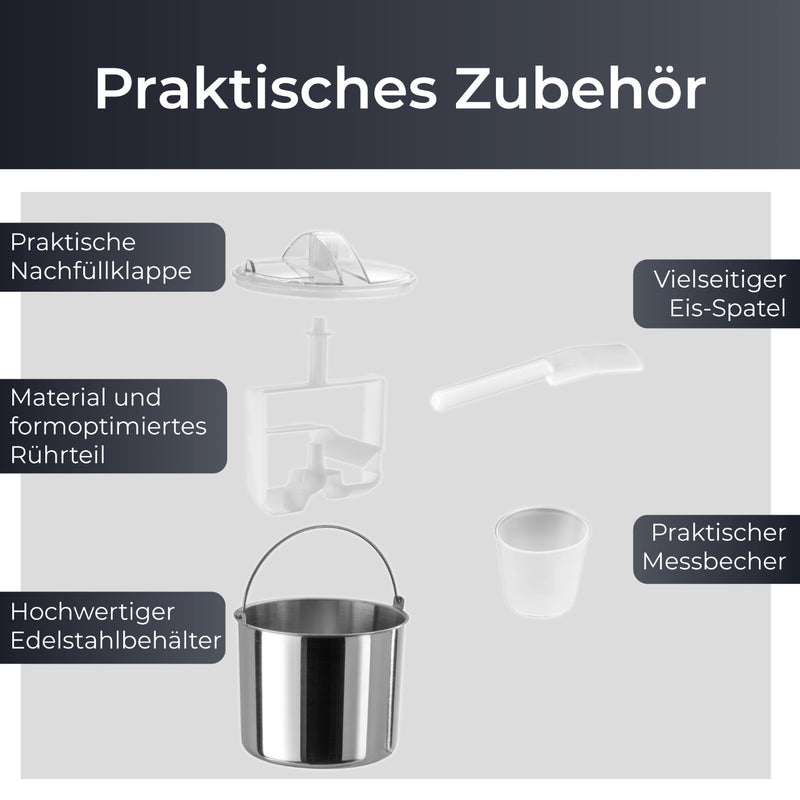 2-in-1 Eismaschine 2L Zubehör: Nachfüllklappe, Eis-Spatel, Rührteil, Edelstahlbehälter, Messbecher.