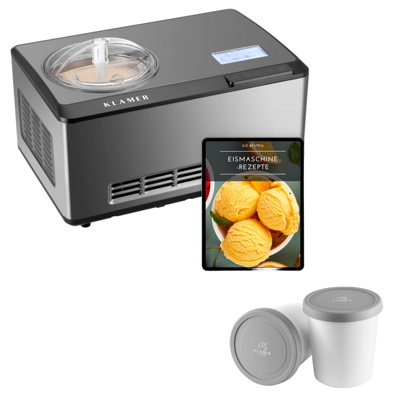 2-in-1 Eismaschine 2L mit Eiscreme-Rezepte eBook und Behältern für hausgemachtes Eis.