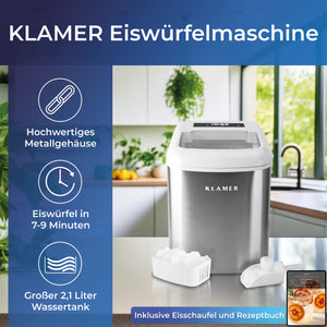 Eiswürfelmaschine 120 Watt mit hochwertigem Metallgehäuse, 2,1 L Wassertank, produziert Eiswürfel in 7-9 Minuten.