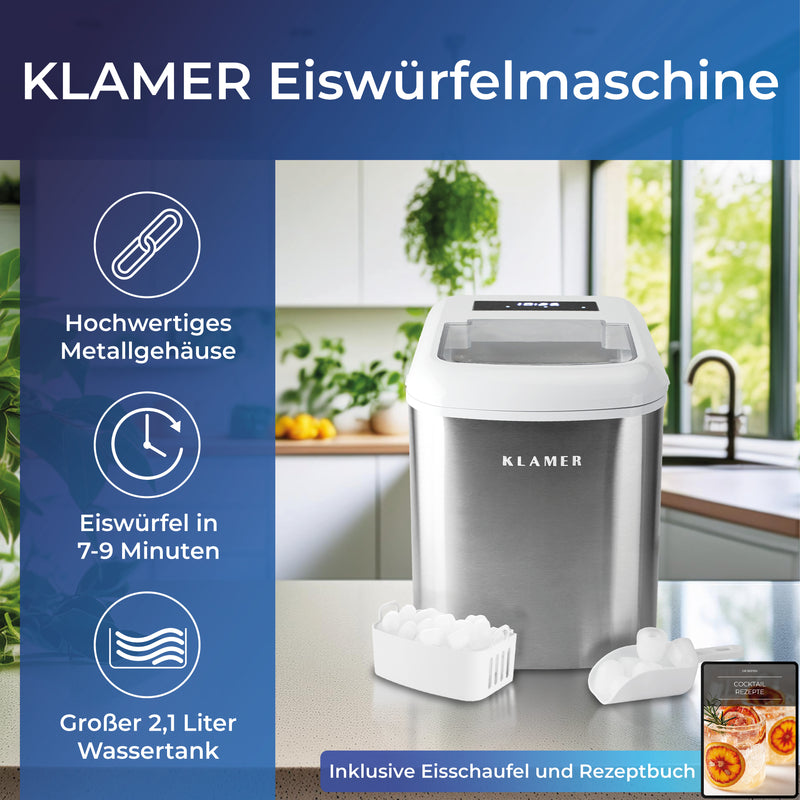 Eiswürfelmaschine 120 Watt mit hochwertigem Metallgehäuse, 2,1 L Wassertank, produziert Eiswürfel in 7-9 Minuten.