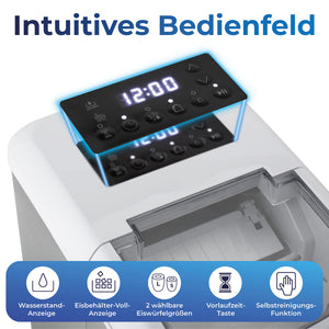 Eiswürfelmaschine 120 Watt mit intuitivem Bedienfeld, Wasserstandsanzeige und Selbstreinigungsfunktion.
