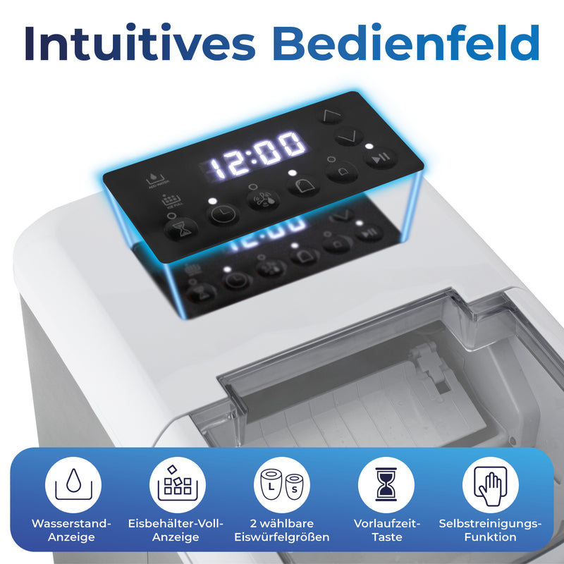Eiswürfelmaschine 120 Watt mit intuitivem Bedienfeld, Wasserstandsanzeige und Selbstreinigungsfunktion.