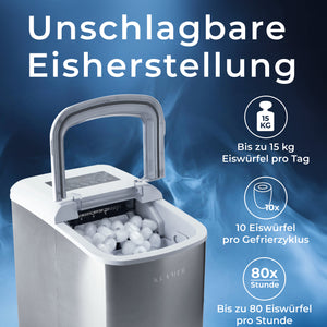 Eiswürfelmaschine 120 Watt mit schneller Produktion, bis zu 15 kg Eiswürfel pro Tag und 10 Eiswürfel pro Zyklus.