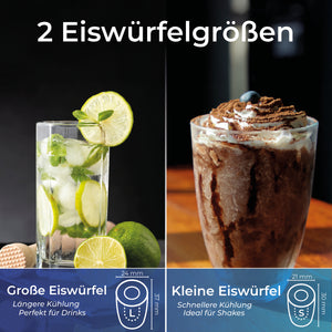 Eiswürfelmaschine 120 Watt mit zwei Eiswürfelgrößen, große Eiswürfel für Drinks und kleine für Shakes.