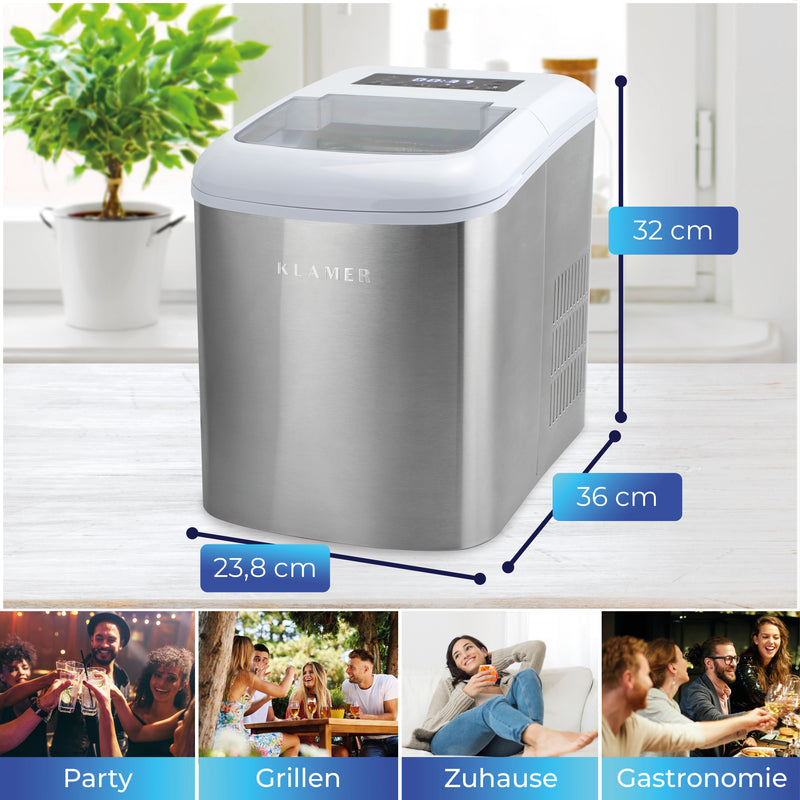 Eiswürfelmaschine 120 Watt mit Abmessungen für Party, Grillen, Zuhause und Gastronomie.