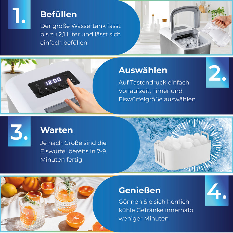 Schritt-für-Schritt-Anleitung zur Nutzung der Eiswürfelmaschine 120 Watt für optimale Eisproduktion.