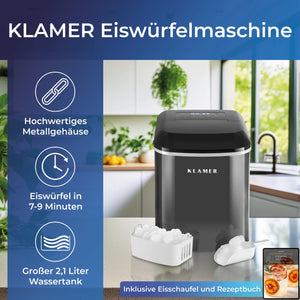 KLAMER Eiswürfelmaschine 120 Watt mit hochwertigem Metallgehäuse und 2,1 Liter Wassertank für schnelle Eisproduktion.