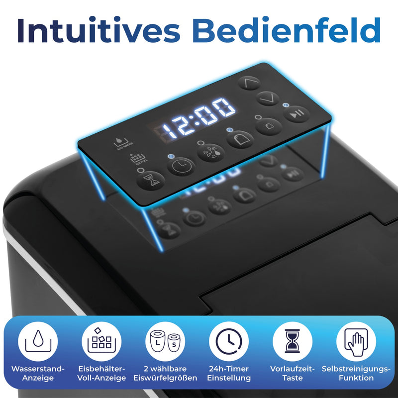 Eiswürfelmaschine 120 Watt mit intuitivem Bedienfeld und Funktionen wie Timer und Selbstreinigungs-Funktion.